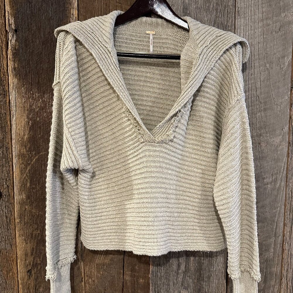Free People Marlie V-Neck Sweater Oversized Ribbed Knit Stone Size XS